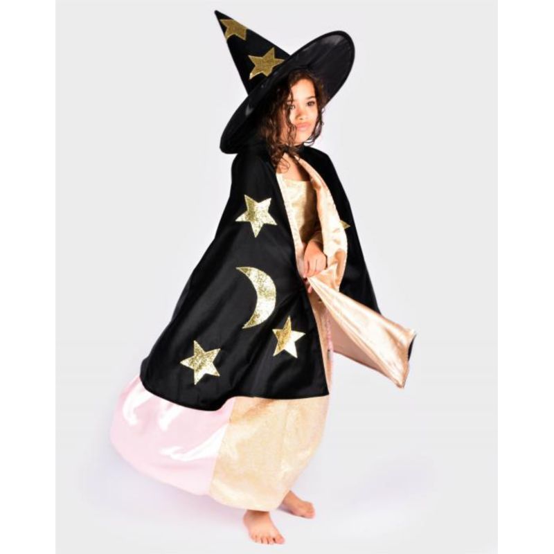 Cape de magicien en velour noir avec étoiles et chapeau