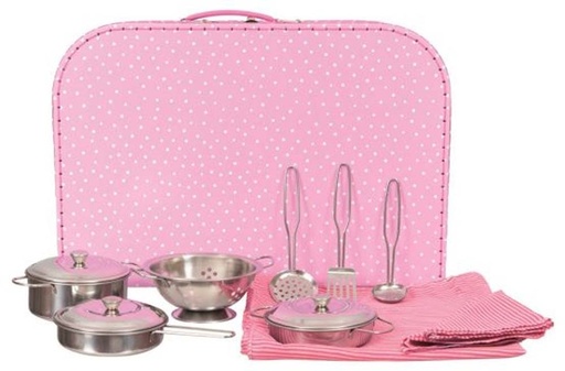[Egmont Toys-540029] set de casseroles et passoire en metal dans une valise rose